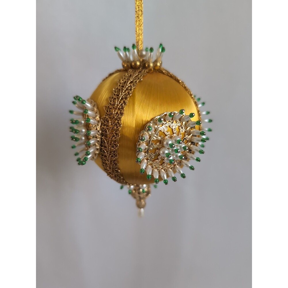Ornate Gold Beaded Christmas Ornament Satin Faux Pearl Vintage